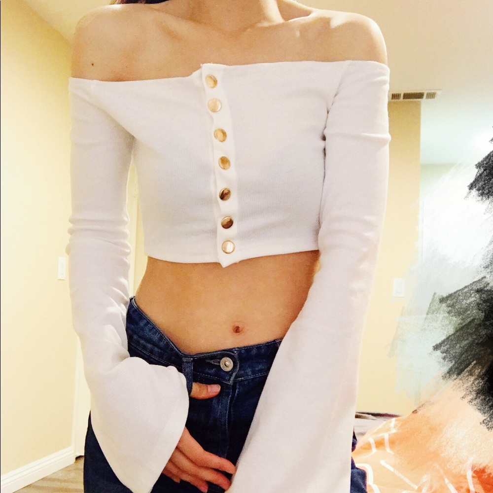 Off The Shoulder Gold Button Down Crop Top